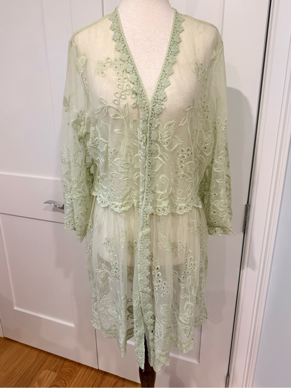 Hillary Scott Sheer Embroidered Lace Duster - Pale Sage